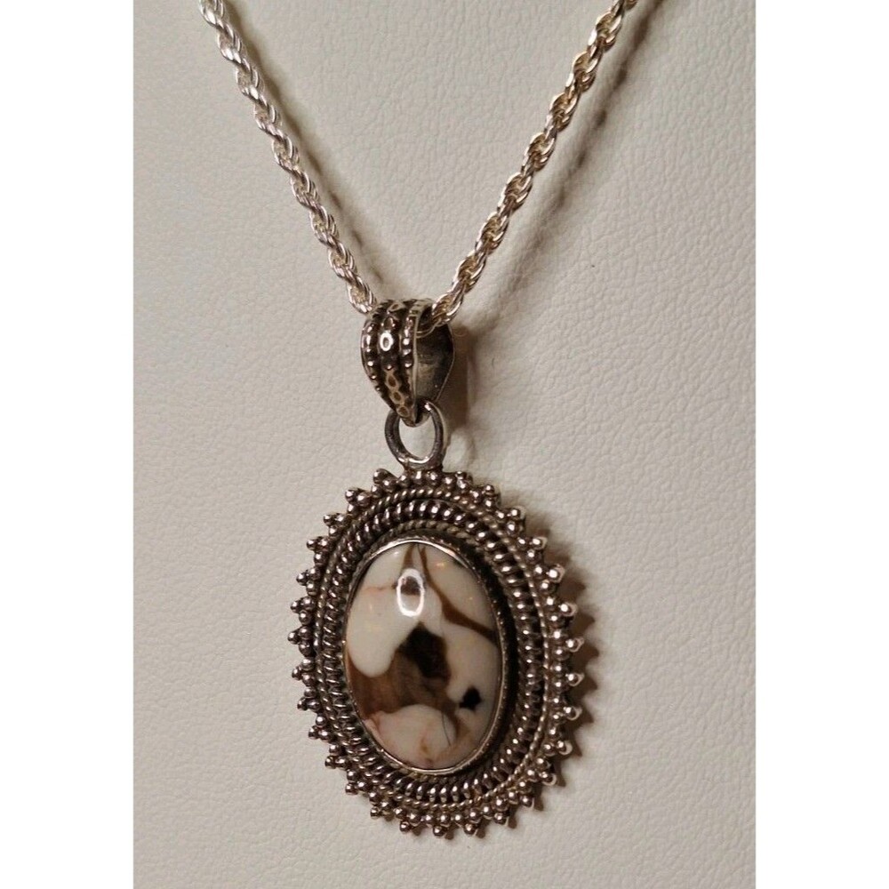 Peanut Wood Jasper Stone & 925 Pendant With Sterling Silver Rope Chain 18"